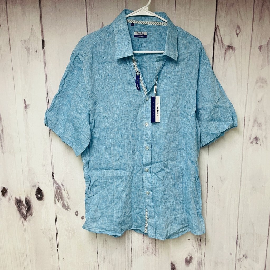 Portabella Button Up Shirt Men's Size Xl Long Sleeve Blue Tailored Fit Linen